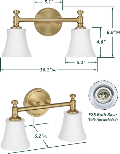 Gold Bathroom Vanity Light Fixtures, Traditional Aged Brass 2 Lights Wall Sconce - Picture 3 of 9