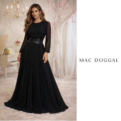NEW Mac Duggal Black Pleated Shimmering A-line 3/4 Sleeve Dress Sz 6