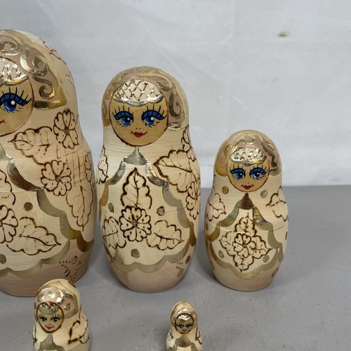 Russian Matryoshka 7 Piece Set Signed 8.5” Tall Tan Natural Gold Accents - Picture 4 of 11