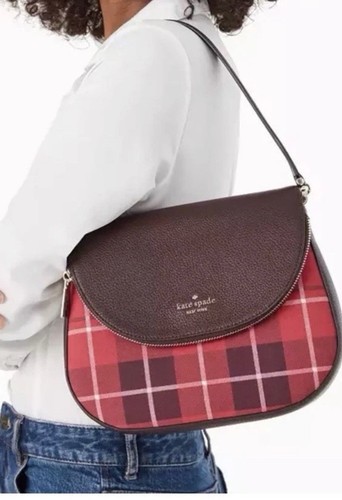 KATE SPADE New York Leila Designer Plaid Berry Medium Flap Shoulder Bag - Picture 2 of 11