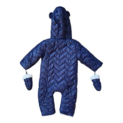 Blue Puffer Snowsuit Bunting Hood Attached Mittens Fuzzy Inside Size 90 US 2T - Imagen 5 de 6
