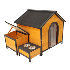 XPT088 Wearable and Strong Wooden Dog House with Metal Bowls and Toy Box, Natura