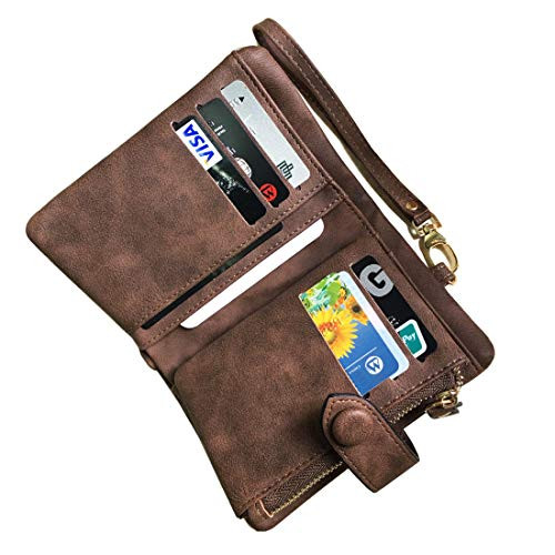 Carteras para mujer plegables pequeñas RFID cuero suave damas carteras triple marrón - Imagen 4 de 7