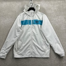 Under Armour Windbreaker Mens Size Medium White Blue Full Zip Hooded Loose