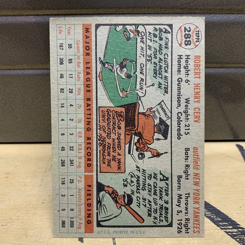 1956 Bob Cerv 288 Baseball Card Vintage New York Yankees  - Picture 2 of 3