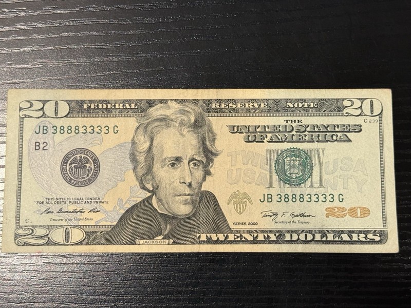 $20 Bill - Binary Fancy Serial Number 3s & 8s