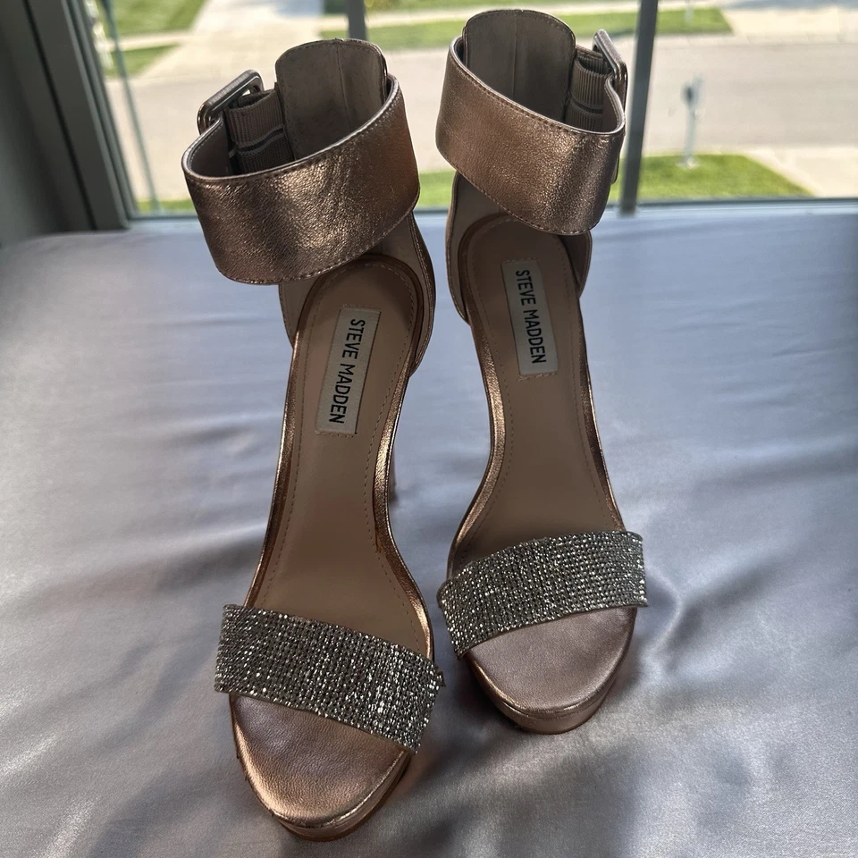 STEVE MADDEN PLATFORM ROSE GOLD CRYSTAL RHINESTONE  ANKLE STRAP LEATHER HEELS 6M - Image 2 of 4