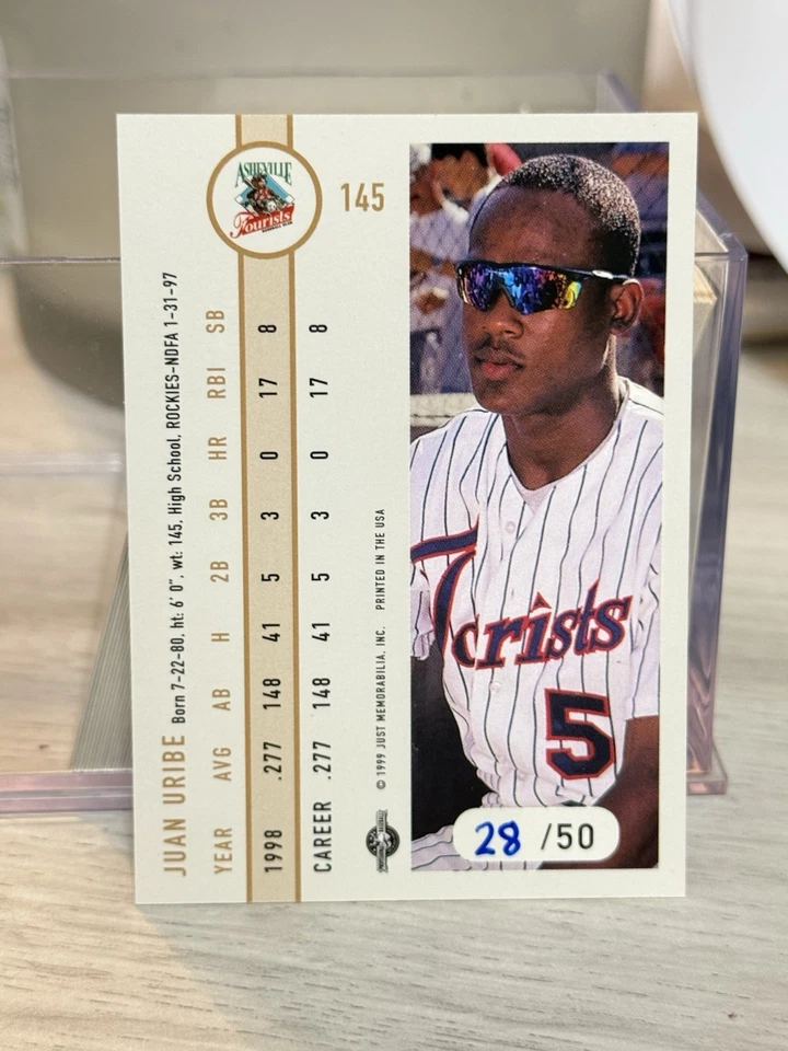 RARE! 1999 Just Minors Juan Uribe Black Border #145 Asheville Tourists #28/50 - Image 2 of 2