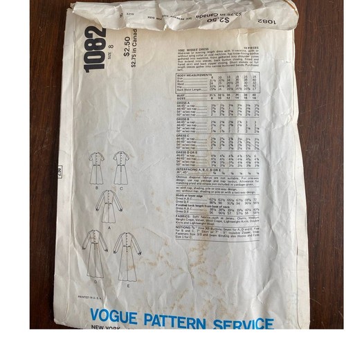 Vintage Vogue 1082 Pattern Basic Design Size 8 Dresses - Picture 2 of 2