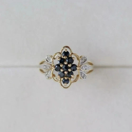 Art Deco Vintage Sapphire & Lab Created Diamond Wedding 14K Yellow Gold FN Ring
