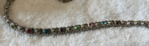 Bracciale Vintage Gioielli 7,5 Tono Argento Tondo Rosa Verde Blu Viola Strass - Foto 8 di 8