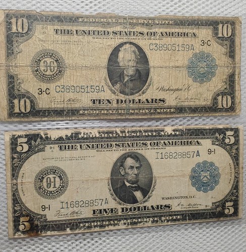 1914 $5 & $10 Federal Reserve Note Set Blue Seal Large Size Low Grade Set of 2 - Picture 2 of 9