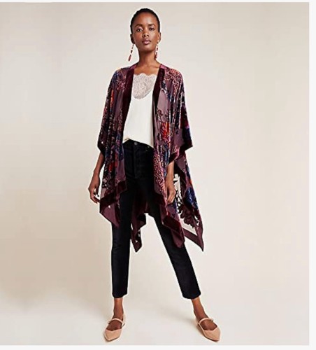 Burnout Velvet Kimono Long Cardigan Cover Up Burgundy Rust Floral OS - Picture 2 of 10