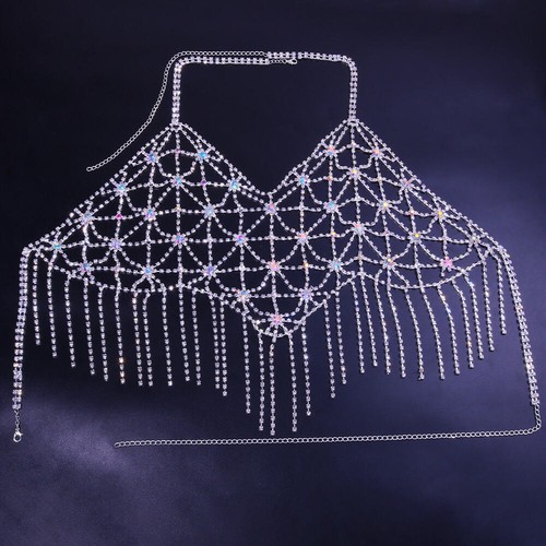 Body Bikini Finto Cristallo Nappe Reggiseno Gioielli Donna Sexy Glitter Strass Catena - Foto 6 di 9