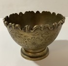 Vintage Solid Brass Pedestal Floral Etched Scalloped Bowl From India