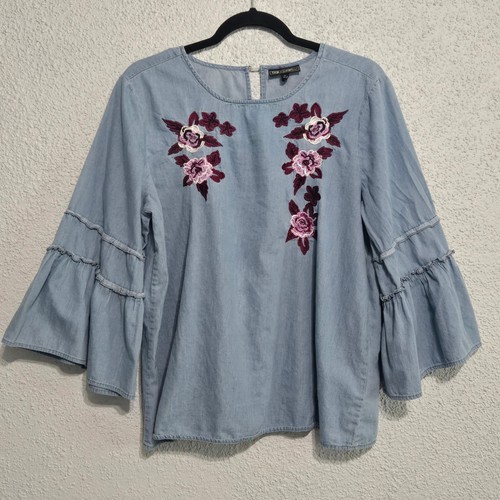 Womens Floral Embroidered Chambray Bell Sleeve Peasant Top Size L Cottagecore - Bild 1 von 6