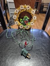 Vintage Gold Tinsel Christmas Wreath with Candle Holly Tree Topper 7" Works