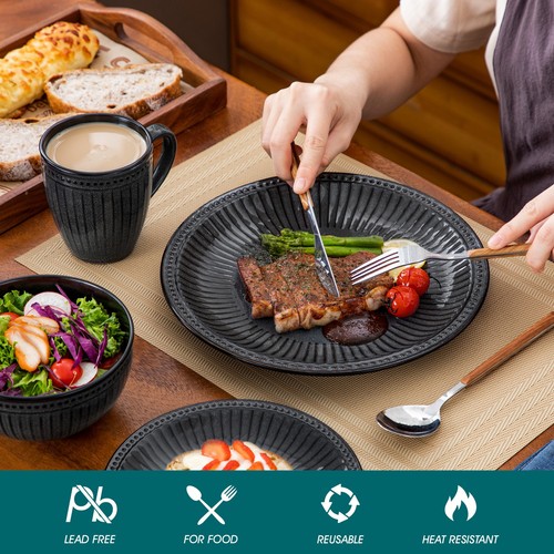 16pcs Dinner Set Black Ceramic Round Tableware Dinnerware Plates Bowls Mugs - Picture 3 of 6