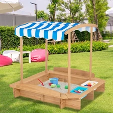 Kids Wooden Sandbox with Canopy Children Outdoor Play Station for Backyard Lawn