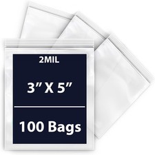 Reclosable Zip Poly Bags, 2Mil 3" X 5" & 100 Bags | LDPE Material, Clear Plas...