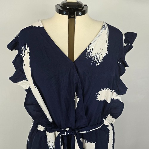 Bloomchic Midikleid Damen 5X V-Ausschnitt Gürtel Rüschen Flügelärmel blau weiß neu mit Etikett - Bild 2 von 10
