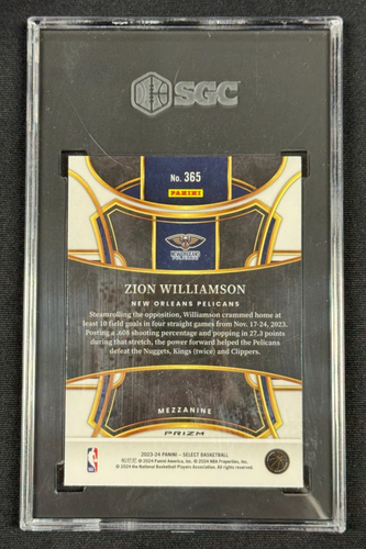Zion Williamson Zebra Prizm SGC 10 GEM 2023-24 Panini Select #365 Pelicans POP 1 - Bild 2 von 2