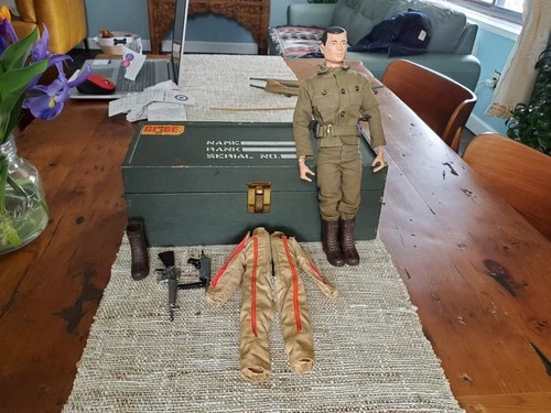 Vintage 1960's G.I. Joe with Wood Carrying Case/Footlocker,  2 Guns, & 2 outfits