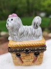 Vintage Porcelain Maltese Dog Puppy On Basket Pink Bow Hinged Trinket Box
