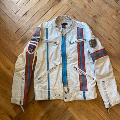 Diesel White Leather Jacket Stripe Double Zip Biker Emblem Vintage