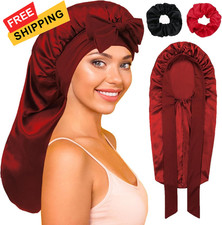 Long Satin Bonnet with Tie Band for Sleeping Women - Silk Sleep Wine Red
