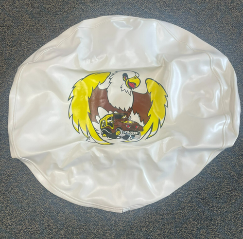 Vintage Jeep Tire Cover soft, White w/ Eagle & Jeep graphic, size 10-15 LT, NOS
