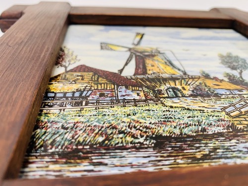 VINTAGE DELFT HOLLAND Windmill FRAMED CERAMIC TILE HAND PAINTED 6” Tile + Frame - Picture 6 of 6
