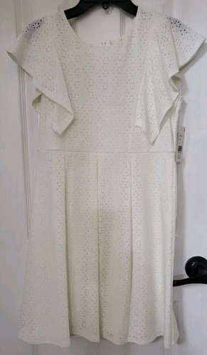 Poppies And Roses Girls Eyelet Flutter Sleeve Short Dress Ivory Size 14
