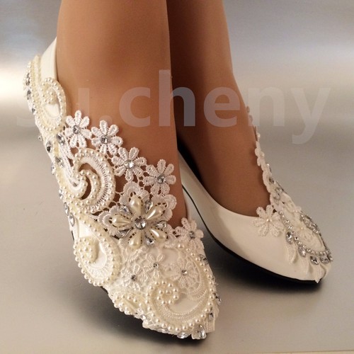 Su.cheny Perlas Marfil Blanco Estrás Encaje Plano Zapatos de Boda Talla 5-13 - Imagen 8 de 14