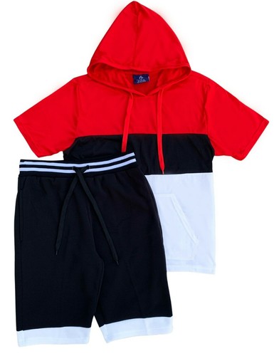 Men’s 2-piece Color block Short Set pullover Hoodie Shirt with matching shorts - Picture 4 of 6