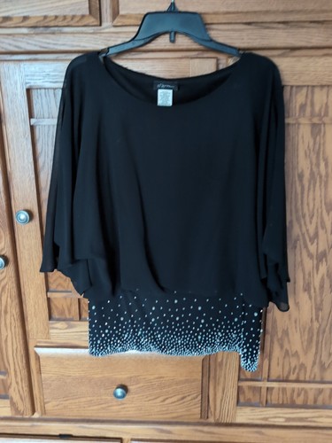 Damenbluse S. Levine schwarz Perlen & Silber verziert Edelstein Cinch Taille Gr. L - Bild 1 von 5