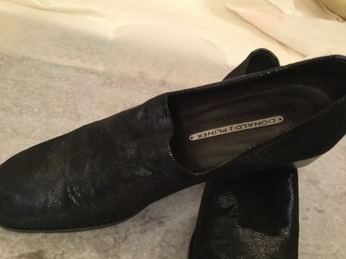 Donald J Pliner Navy Blue metallic leather Block Heel Loafers Size 91/2 N - Picture 4 of 6