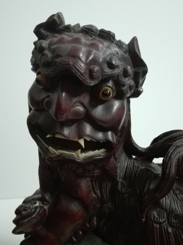 Antique Chinese 19th Century Large Foo Dogs Pair Exotic Carved Wood Sculptures - Picture 9 of 12