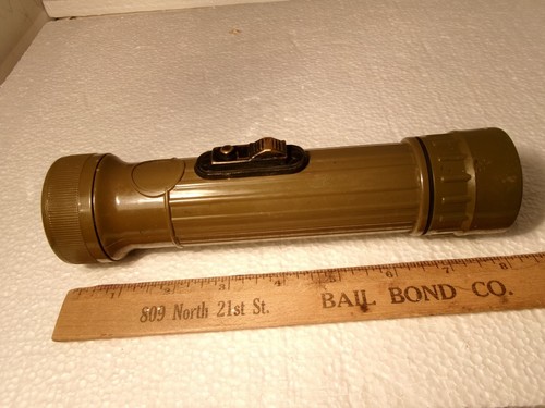 Vintage Olive Green Military Style Flashlight Tested and Works.