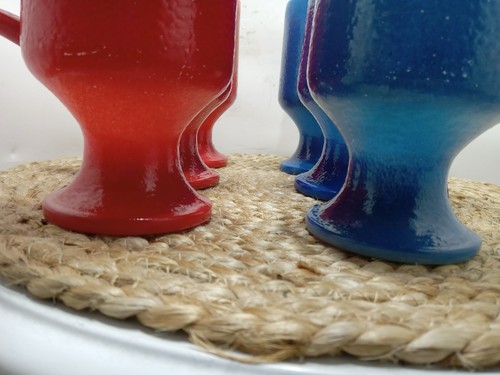 Hazel Atlas Milk Glass Pedestal Texture Glass Mug 3 Red, 3 Blue No Chips 1970's - Picture 7 of 18