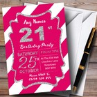 Pink White Diagonal Stripes Silver 21st Personalised Birthday Party Invitations