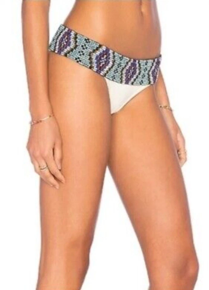 PilyQ Small XS Keshi Belted Diamond Beaded Turquoise Ivory Pearl Bikini Bottom - Image 2 of 4