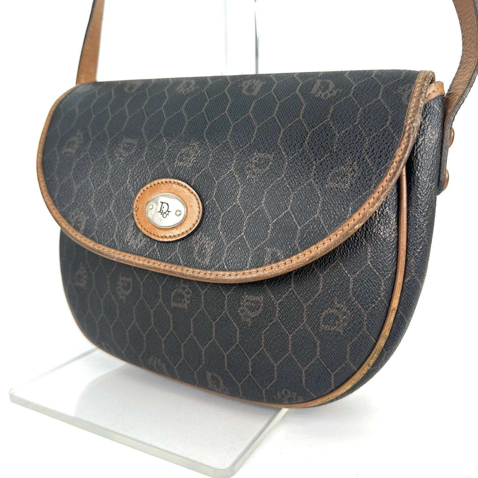 Sac à main bandoulière Christian Dior nid d'abeille PVC cuir marron authentique