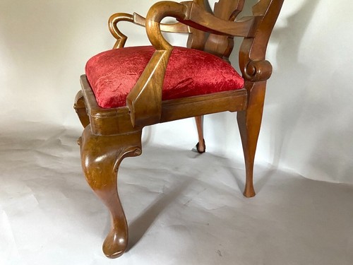 Chair Vintage Mahogany Queen Anne Style Child’s Seat Red Velvet Antique Décor - Picture 5 of 9