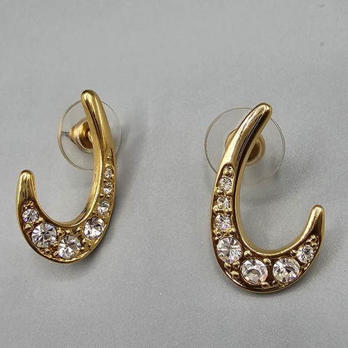 Rhinestone Swoop Earrings Pierced Ear Gold Tone Dangle Atomic Retro 1" - Picture 7 of 11