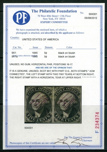 USAstamps Unused VF US 1845 Washington Pair Scott 9X1 OG MH +Cert Very Rare - Picture 3 of 3