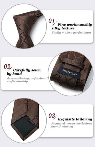 Brown Ties for Men Plaid Checkered Tie and Pocket Square Cufflinks Tie Clip S... - Picture 8 of 9