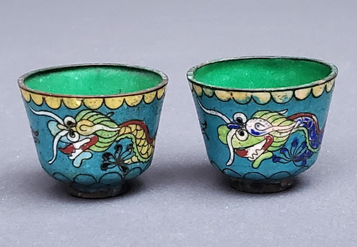 Antique Pair Of Chinese Cloisonne Cups Dragon Motifs Late Qing Early C20th