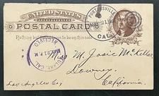 TULARE, CALIFORNIA RECEIVED BLUE CANCEL ON 1886 PORTERVILLE POSTAL CARD
