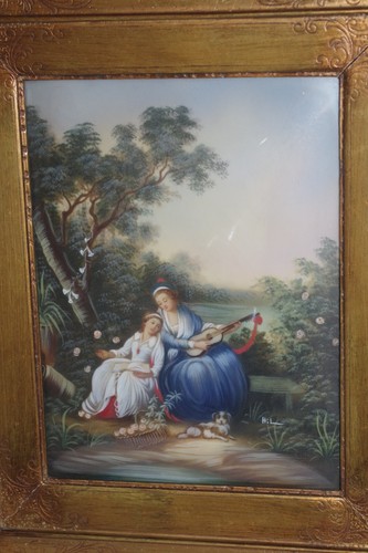 AA1 Antique signed Hil 1/2 PORTRAIT PAINTING of Lady w Mandolin & Girl - Picture 9 of 18